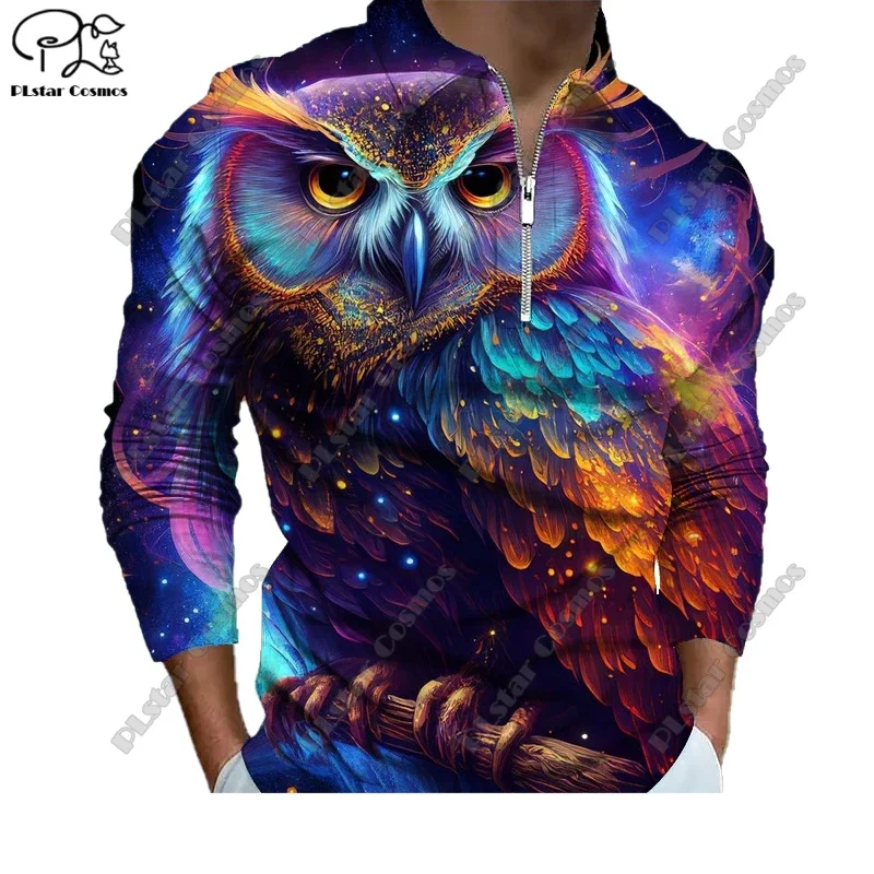 3D Printed Animal Series Owl Egyptian Cat Spider Pattern Printed Long Sleeve Zipper Polo Shirt Casual Sports Unisex