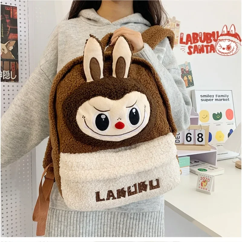 

Labubu Furry Backpack Brown Beige Cartoon Rabbit Head Dual Shoulder Bag Trendy School Bag Girls Stuffed High-capacity Backpack