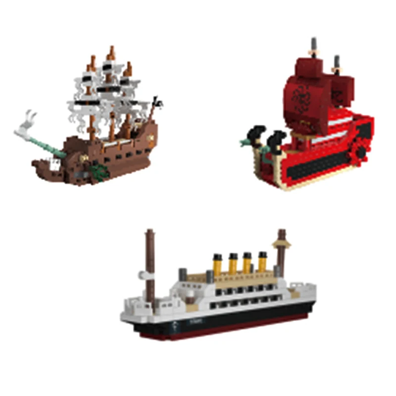 

Anime Movie Caribbean Pirate One Piece Titanic Micro Diamond Block Nine Snake Ship Nanobrick Toy De Vliegende Hollander Brick