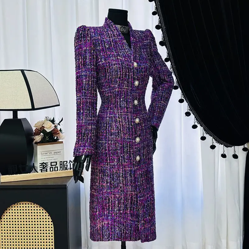 الفاخرة عالية الجودة الوقوف طوق تويد خندق معطف طويل الأكمام منتصف طول سترة واقية سليم صالح المرأة معطف واحدة الصدر #1