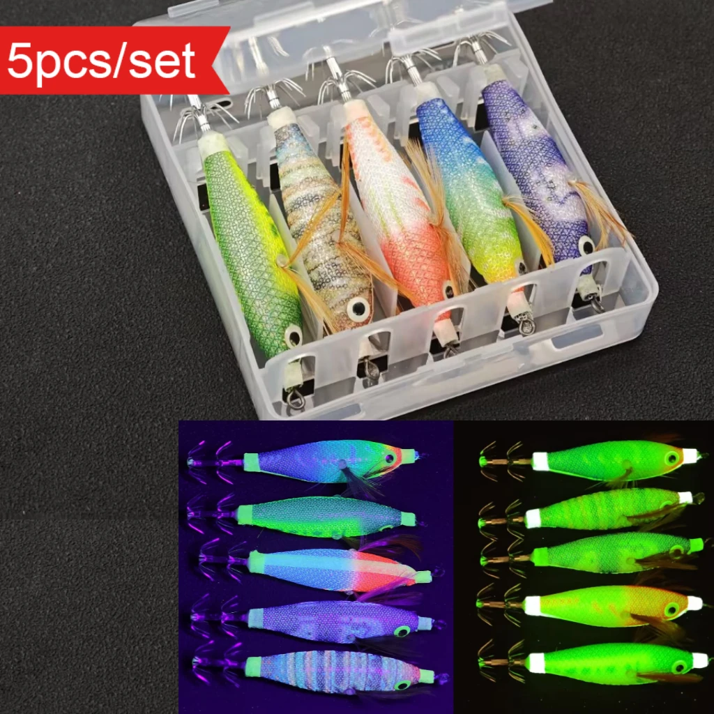 5pcs Glow in The Dark Horizontal Squid Jig 8.5cm UV Reflective Lure Sinking Egi Bait for Night Fishing Octopus Saltwater Tackle