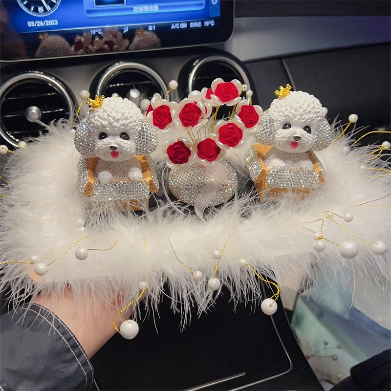 Car Ornaments with Rhinestones Feather Pads Bobbleheads Teddy Dogs Car Decorations Center Console Aromatherapy Accessories