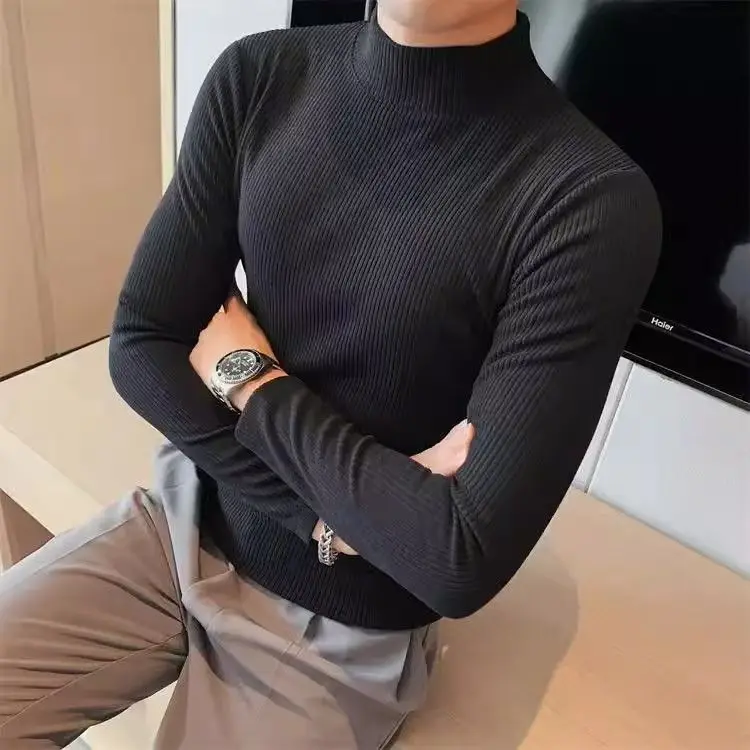 

Men's Thiened Long Sve f High Collar Sweater Autumn Winter Korean Sle Slim Fit Striped T-irt Faionable Base irt