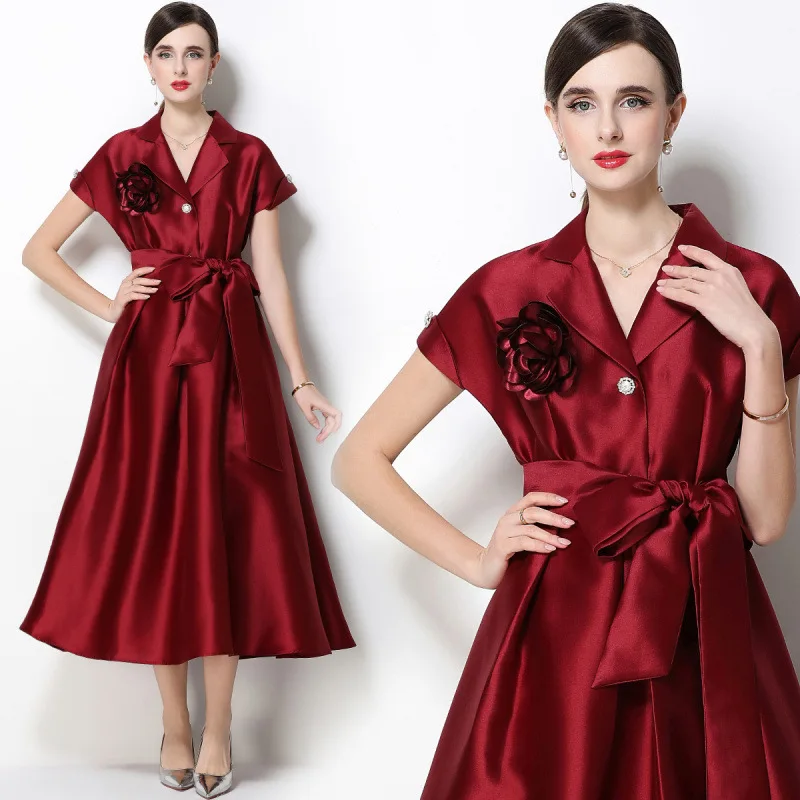 

Elegant Temperament Satin Suit Collar Dress Swing Elegant Waist Thin Dress