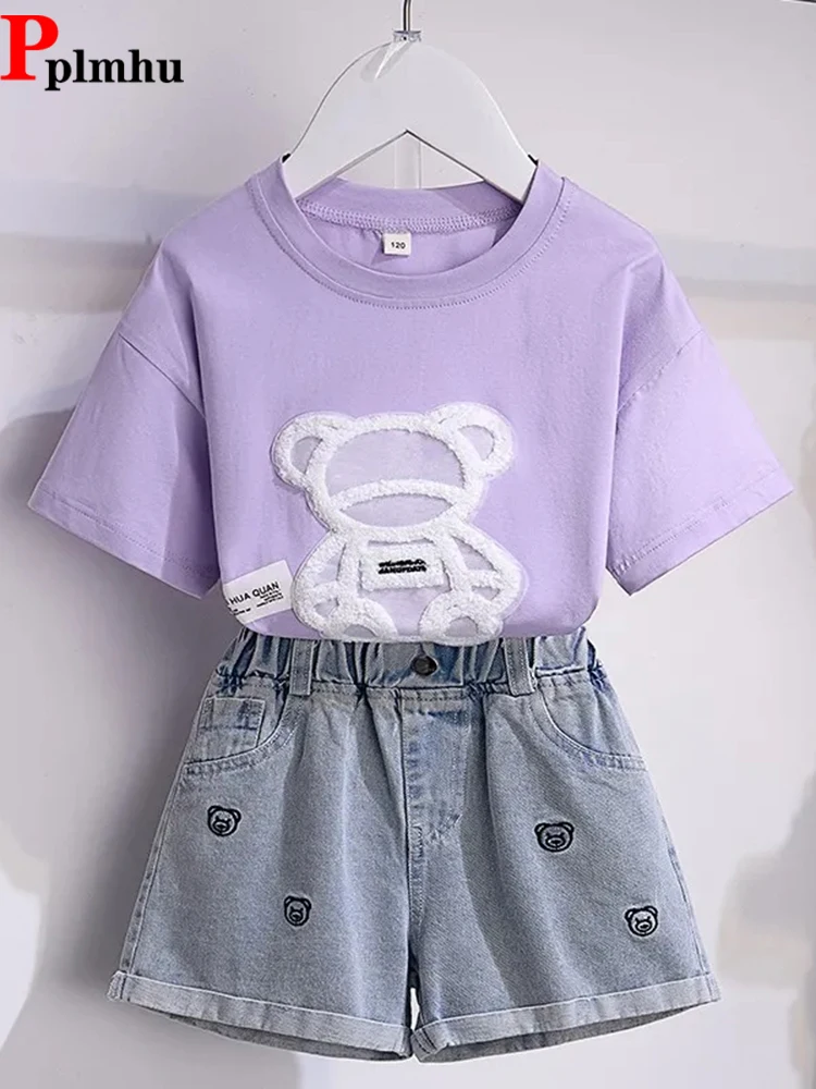 Summer Casual Kids Conjuntos O Neck Cartoon Short Sleeve T Shirts And Cute Children's Shorts Jeans School Girls 2 Piece Sets