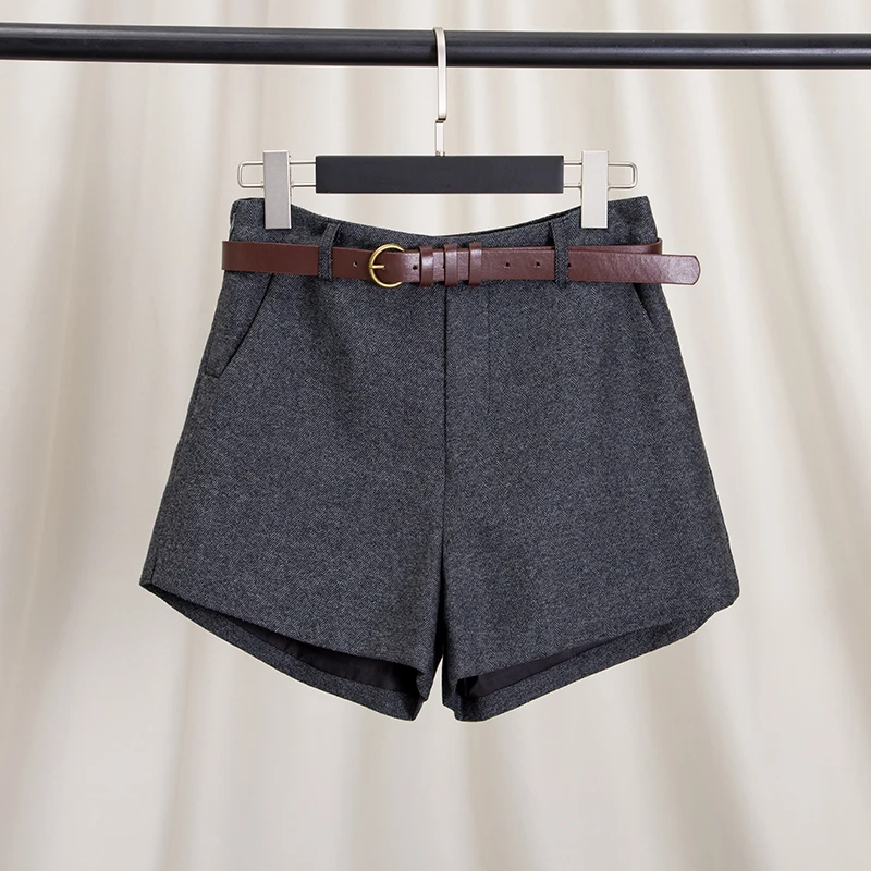 

Slimming Effect Wool Blend Short Pants Women's Autumn Winter High Waist Wide Leg Pants Asymmetric Design Casual Trousers