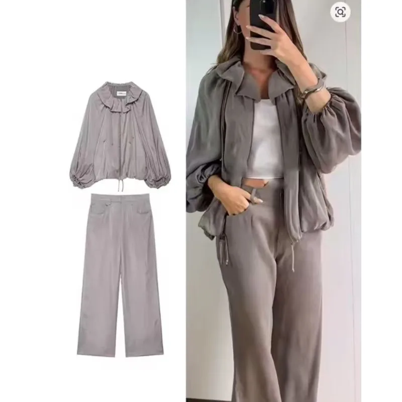 

Женская струящаяся бейсбольная куртка с высоким воротником и струящими атласными брюками на шнурке, женский комплект, комплект брюк со средней талией