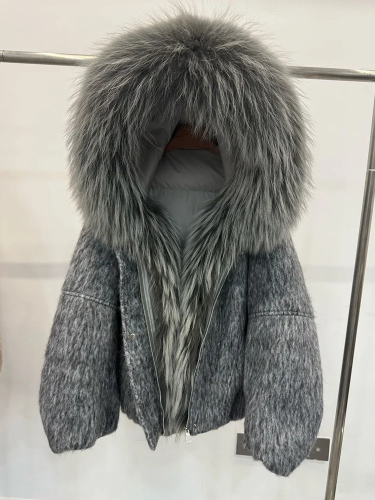 

Women Winter Hooded Puffer Jacket Warm Goose Down Jacket Wool Woolen Jackets Real Fox Fur Collar Thick Female Outwear Coat