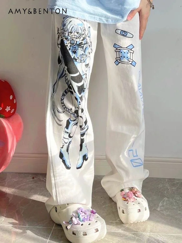 Subculture Y2K Hot Girl Two-dimensional Harajuku Water-color Printed Jeans Women Street Punk Style High-waisted Slim Baggy Jeans