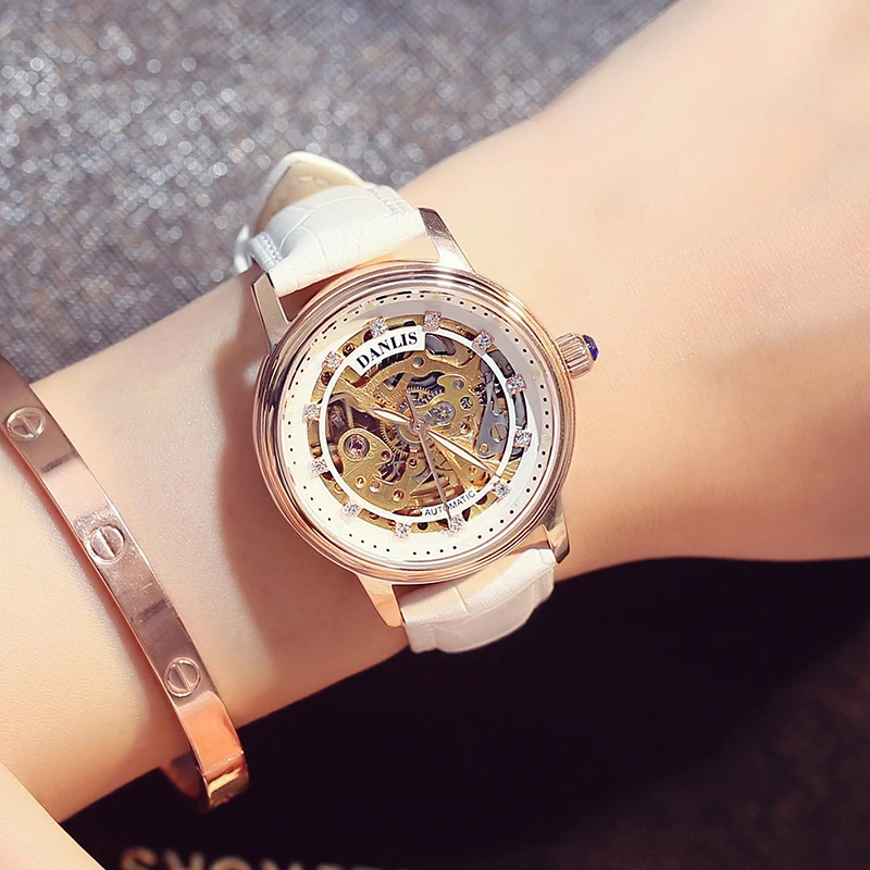 

Fashion trend mechanical watch automatic hollow watch stainless steel waterproof luminous with diamond women's watch