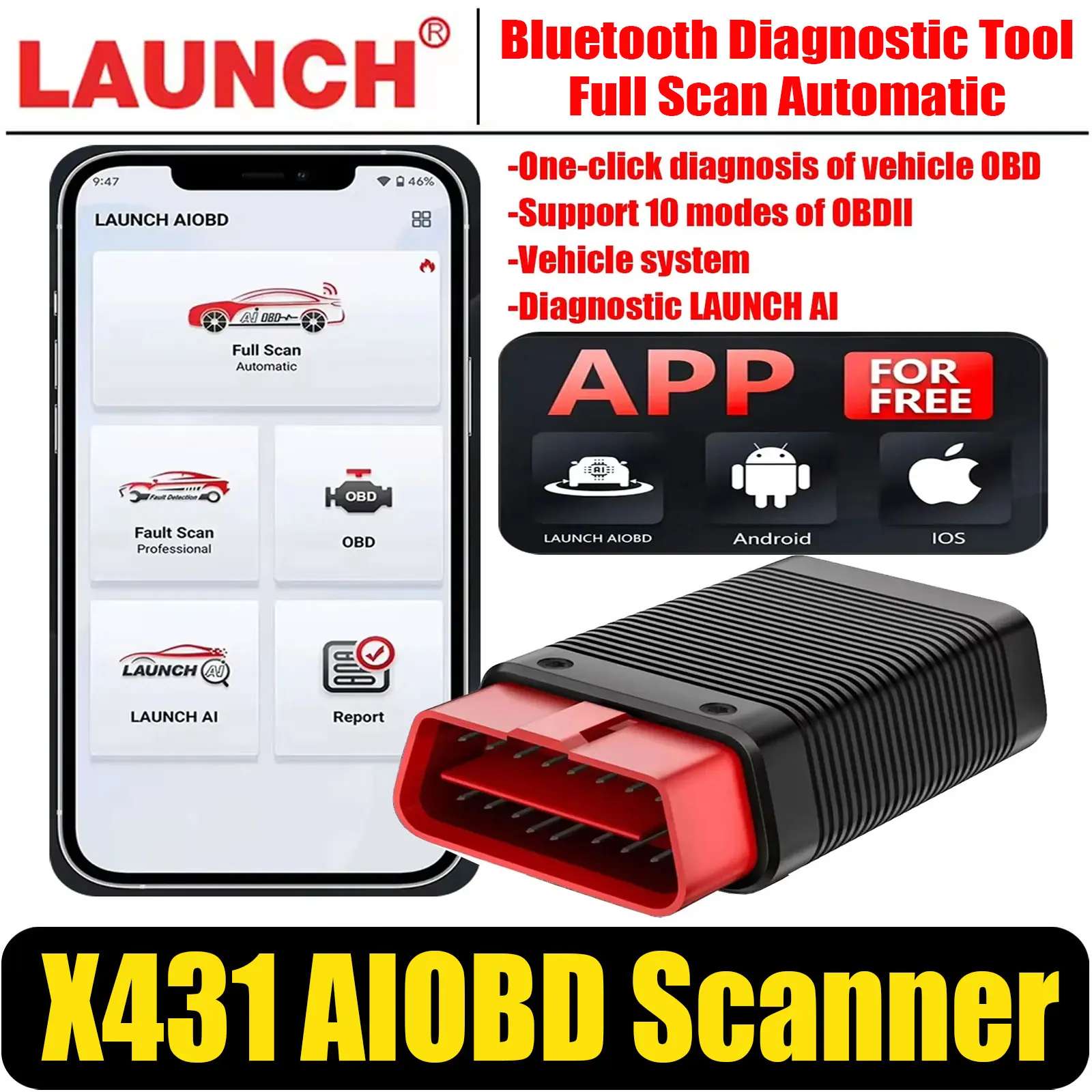 LAUNCH X431 AIOBD Bluetooth Diagnostic Scanner Full OBD2 Function Diagnostic Tool work on Android IOS Automotive OBDII Scanner