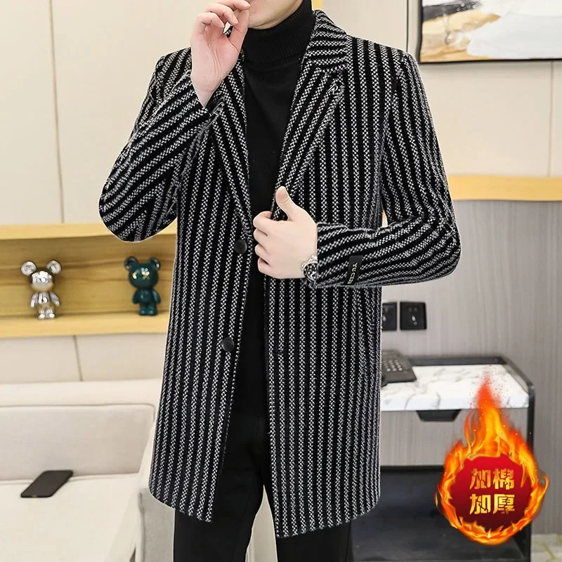 Men's fashion handsome medium-length trench coat men's autumn and winter models plus cotton men's tweed coat chenille jacquard