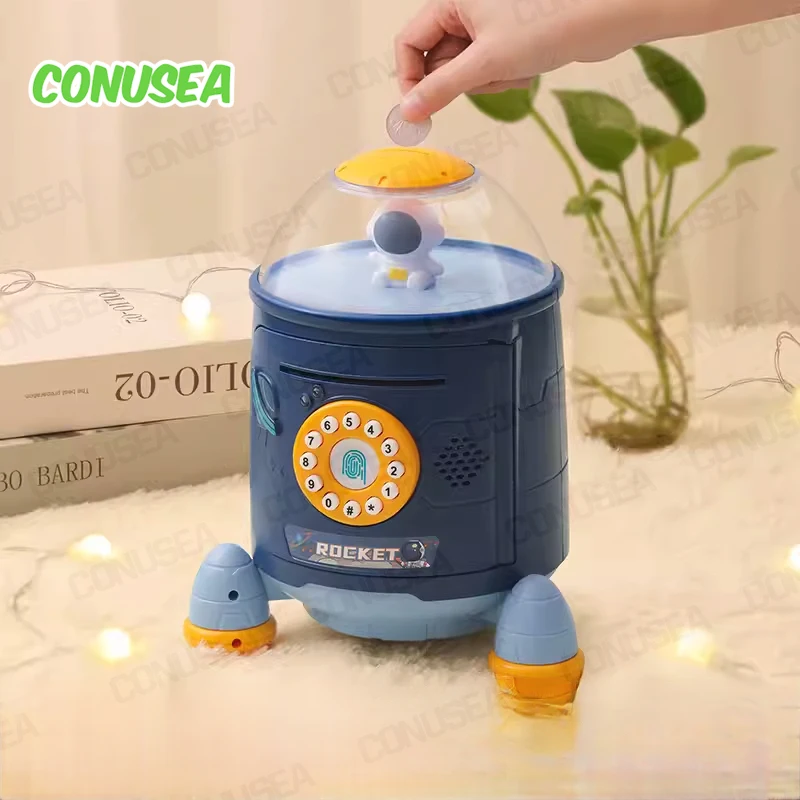 Cofrinho de foguete elétrico para crianças, Bancos de brinquedo para economizar dinheiro, Automaticamente Moneybox Puzzle, Brinquedos educativos para meninos e meninas