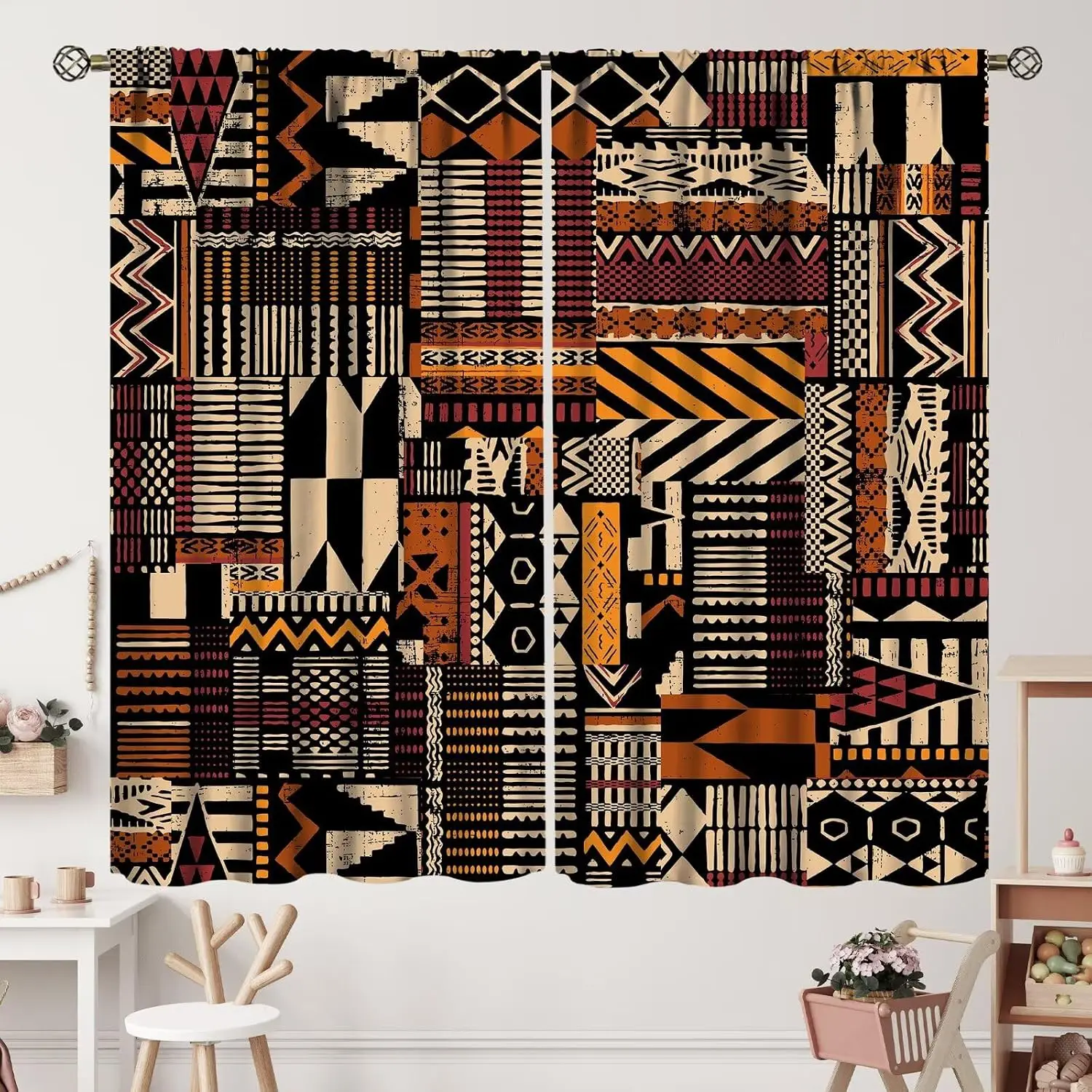 Bold Tribal Geometric Ethnic Art Blackout Rod Pocket Curtain Orange Black White Contrast Decor Exotic Homestay Bedroom Rest Bay