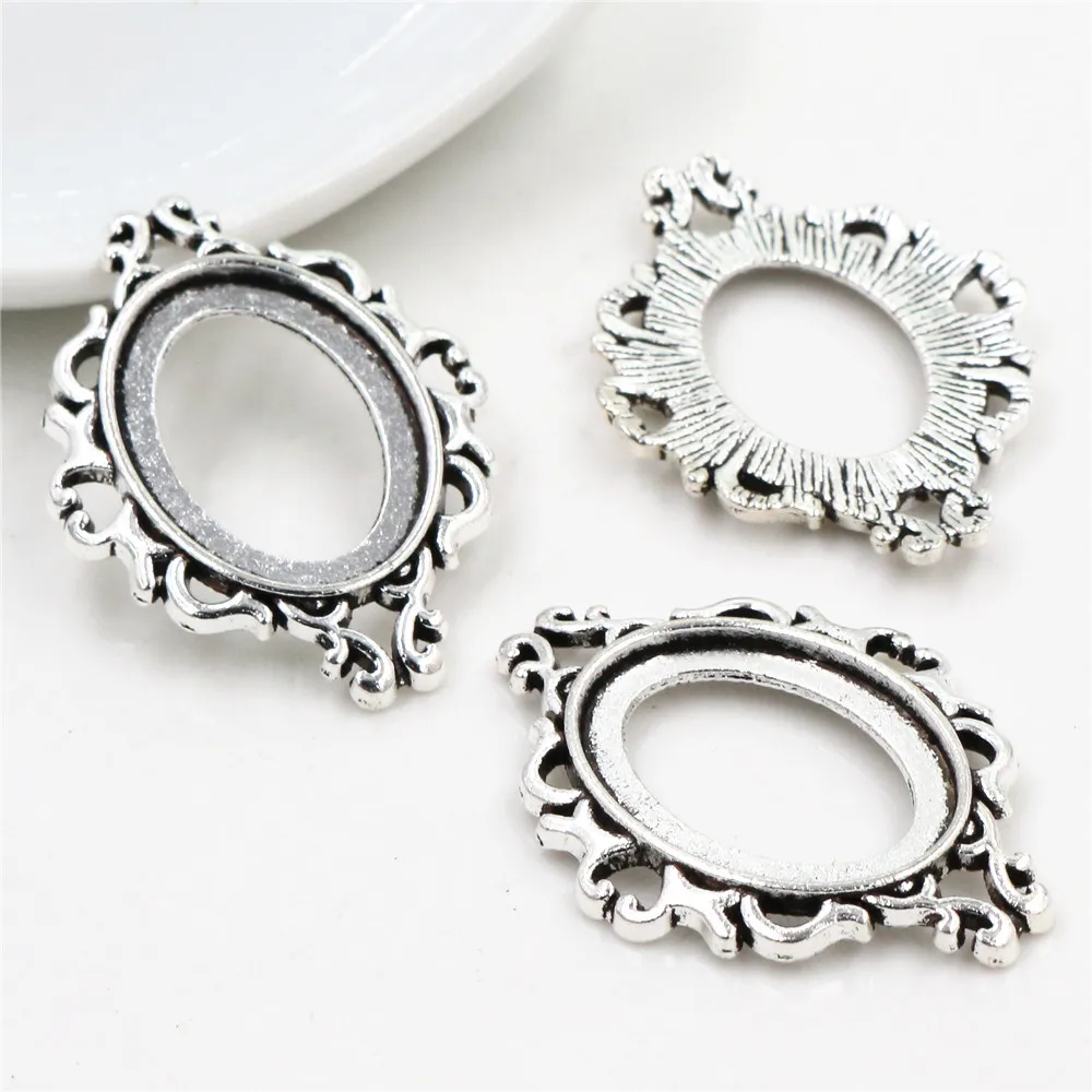 10pcs 18x25mm Inner Size Antique Silver Plated Bronze Flowers Style Cameo Cabochon Base Setting Charms Pendant necklace findings