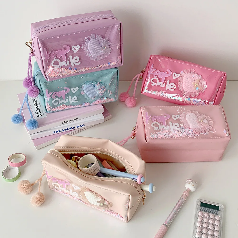 Creative Love Flowing Sand Pencil Bag, Student Large Capacity Stationery Storage, Pencil Bag, Portable Makeup Bag