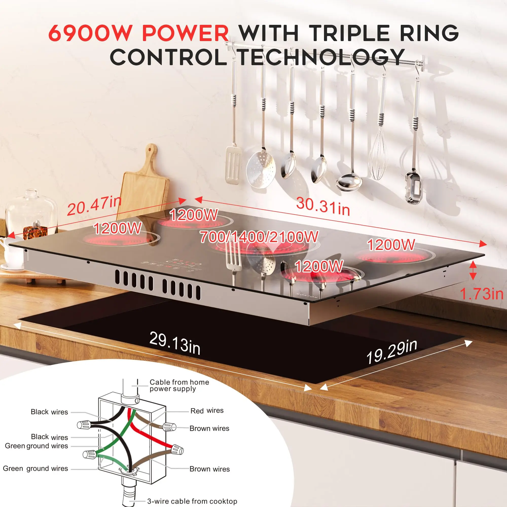 موقد كهربائي Noxton مقاس 30 بوصة، موقد كهربائي 5 شعلات، موقد زجاجي مدمج، حلقة ثلاثية، سلك صلب 220-240 فولت (بدون توصيل)