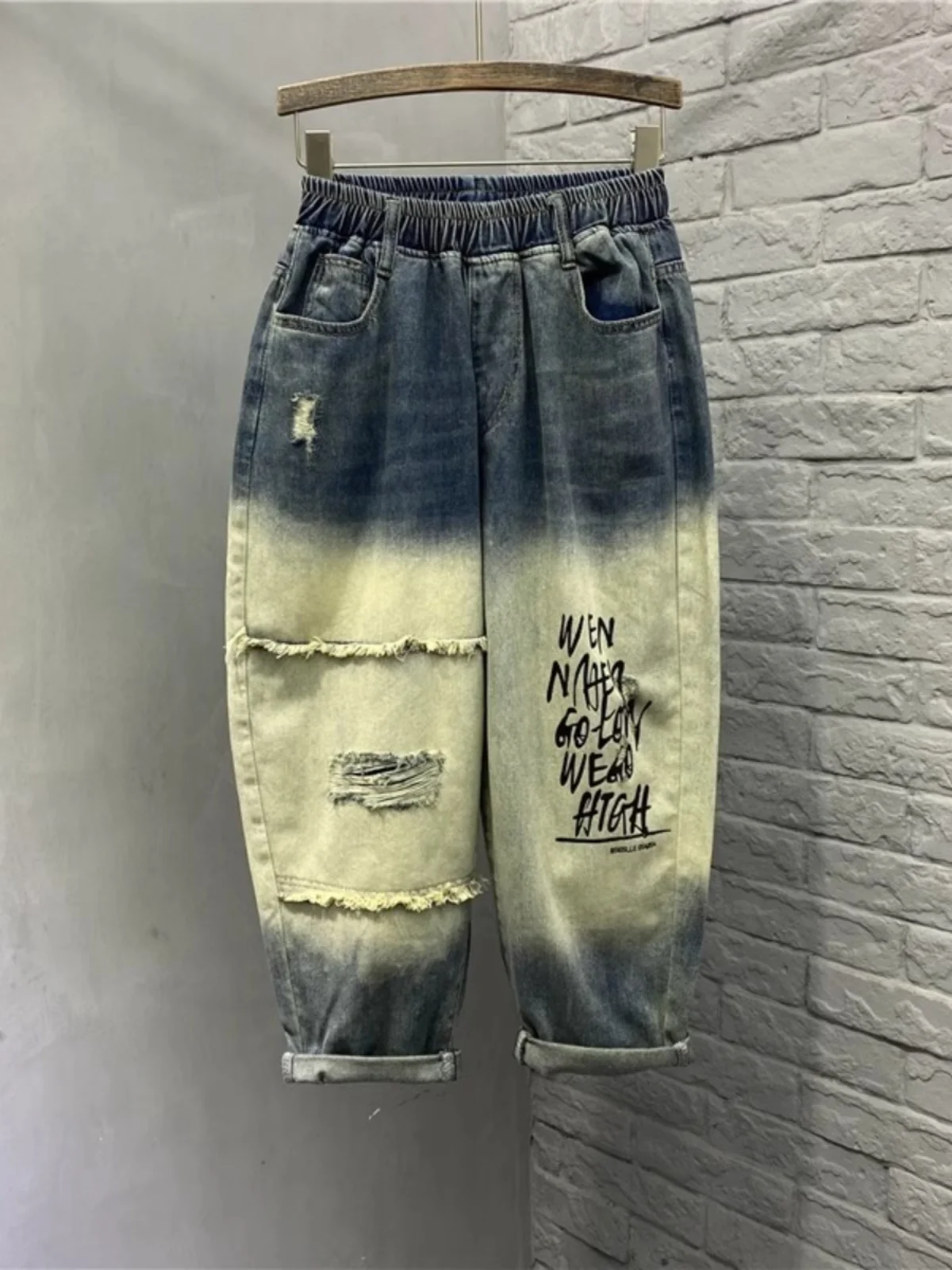 

Мужские повседневные джинсы большого размера с широкими штанинами, рваные, с нашивками, в стиле High Street, американский бренд, молодежные, модные, длинные брюки