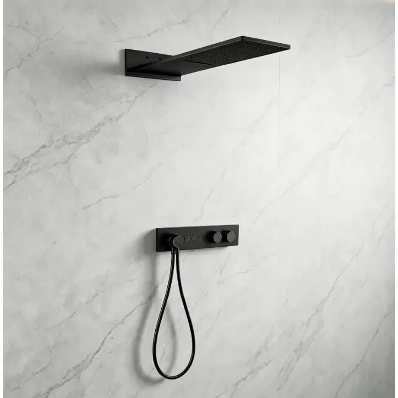 WEIHAO Matte Black Wall Embedded Shower Set Rectangular Overhead Two Rain Modes for Minimalist Bathroom Renovation