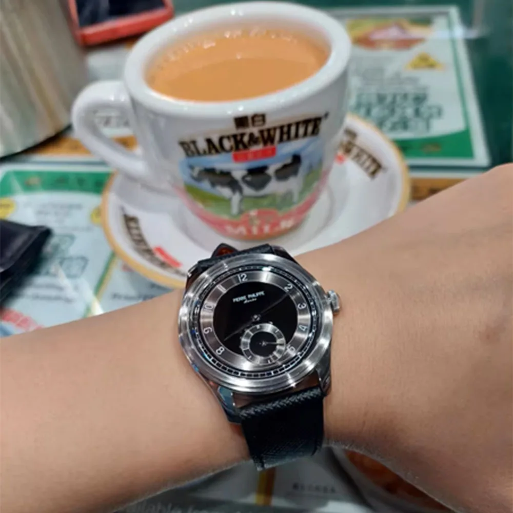 High-end men's 38MM watch black enamel dial ST17 manual mechanical watch leather waterproof view 3