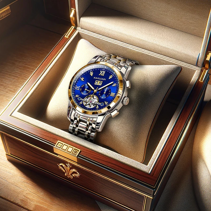 

A men's silver-blue classic business-style fully automatic tourbillon calendar mechanical watch