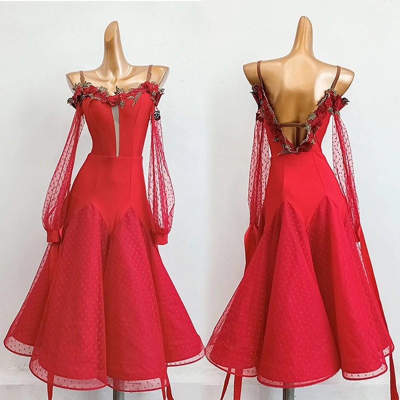 

Ballroom Dance Competition Dress For Women Red Backless Fishbone Big Swing Waltz Standard Dancing Dress Modern Dance Wear 22377