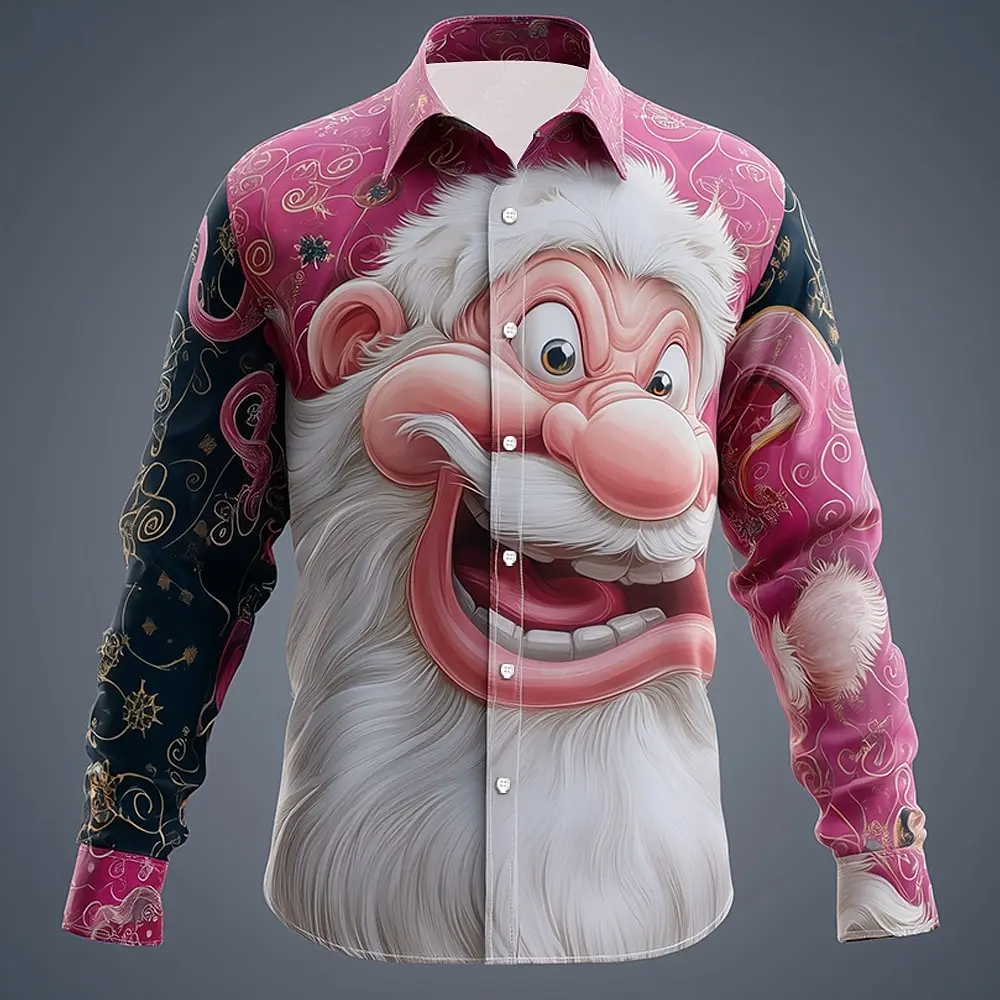 

Funny Santa Clause Graphic Long Sleeve Shirts 3D Printed Christmas Theme Turn-Down Collar Shirt Creative Design Comfortable Tops