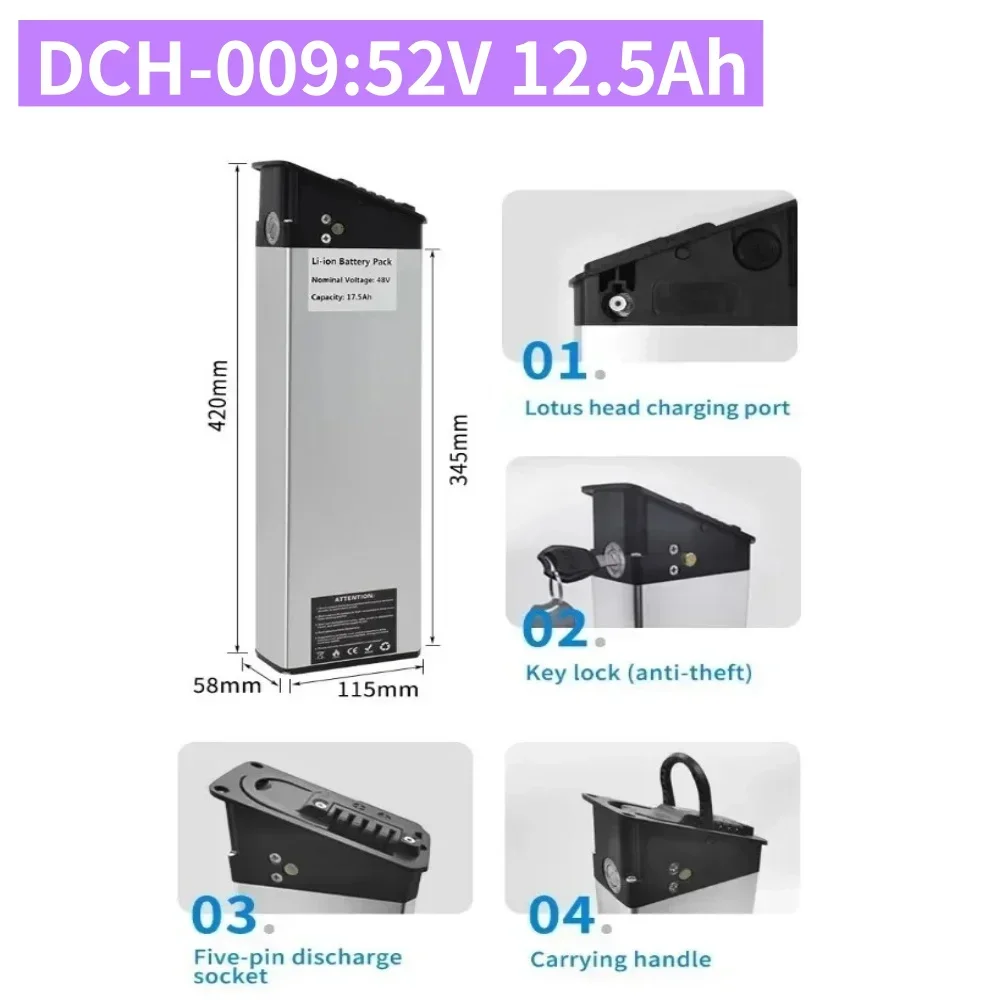 48V 17Ah 15Ah 12.8Ah 10.4Ah 36V 10Ah 12Ah 15Ah 52V 12.5Ah 15Ah 17Ah DCH-003 DCH-006 DCH-009 350W~1000W Motorbatterij