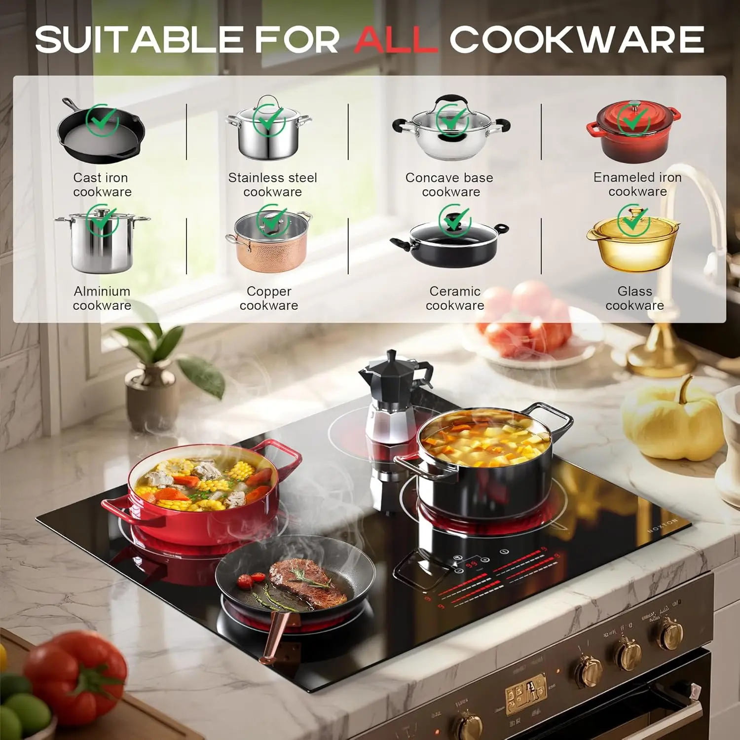 เตาเซรามิก Noxton 4 โซนไฟฟ้าในตัว 60 ซม., ควบคุมสไลด์ส่วนบุคคล, สายแข็ง, ล็อคปลอดภัย, ตัวจับเวลา 99 นาที, 6600 วัตต์, ไม่มีปลั๊ก