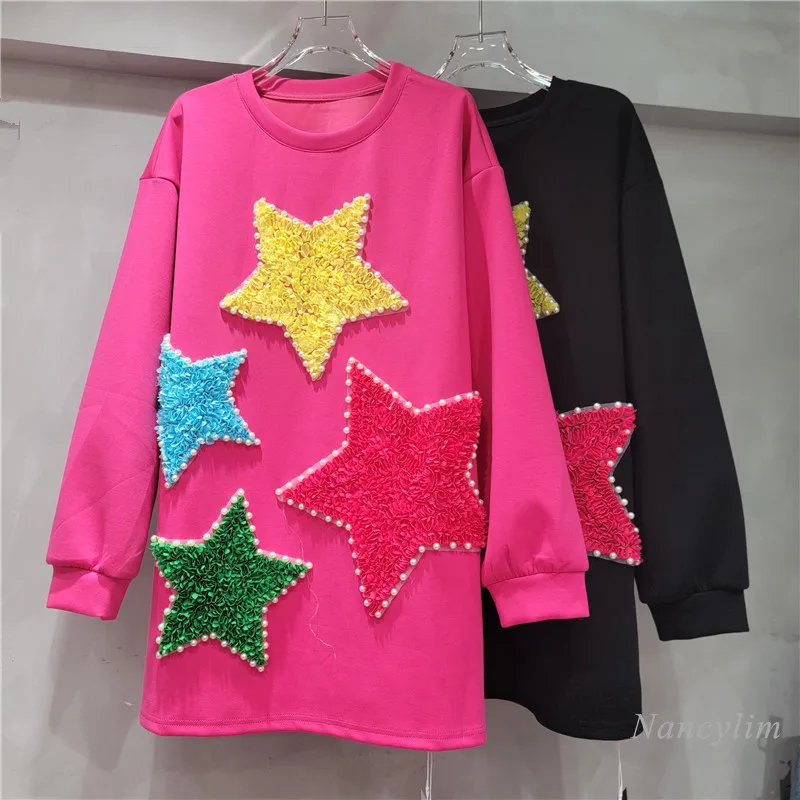 

European Trendy Hoodie Dress for Women Heavy Industry Beaded Five-pointed Star Medium and Long Sweatshirt 2024 Autumn Outfits