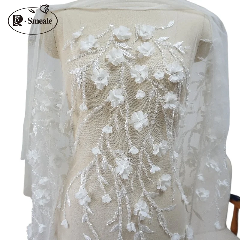 

2025 New Design.3D Chiffon Applique Bead Embroidery Fabric. Branches Flowers High Quality Bridal White Dress Sewing Fabric Lace