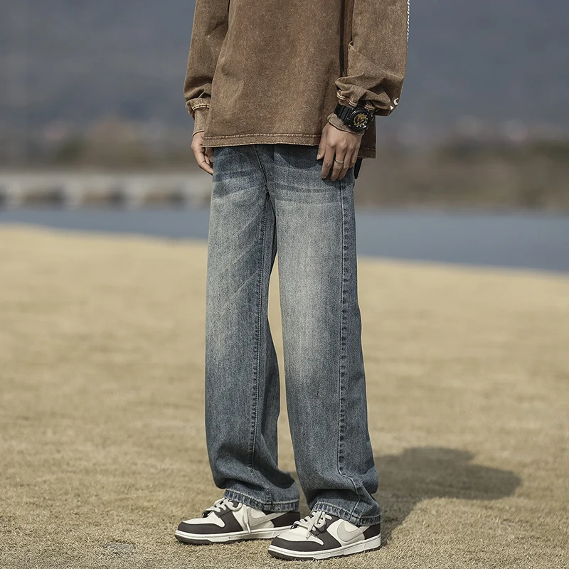 Spring New Loose Men'S Jeans Youth Fashion Straight Fit Elastic Casual High Street Hip Hop Jeans Floor Dragging Pants