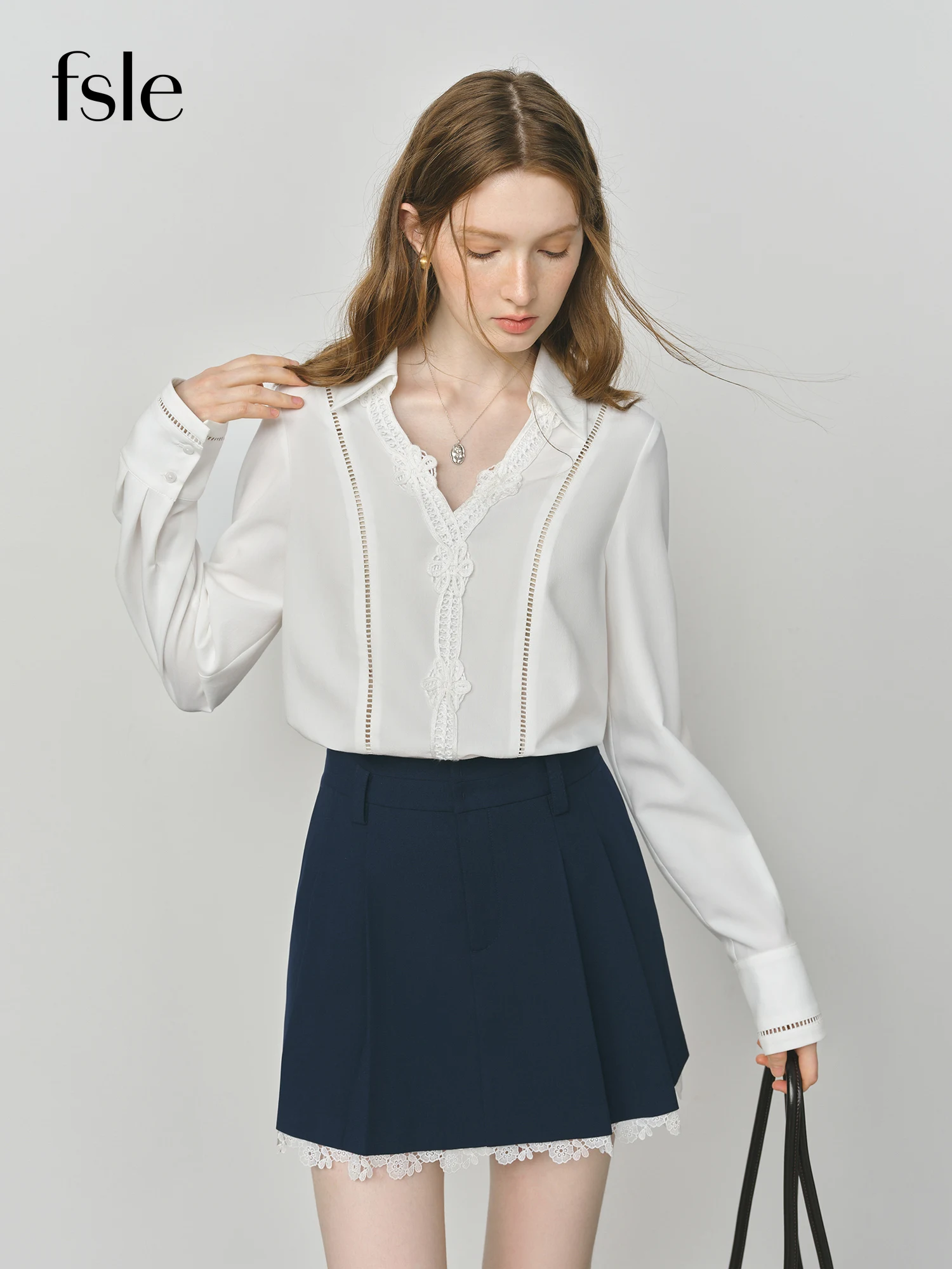 

​FSLE Summer 2025 Heavy Embroidery Blouse - Lace Panel Long Sleeve Relaxed Fit Women's Casual Top​