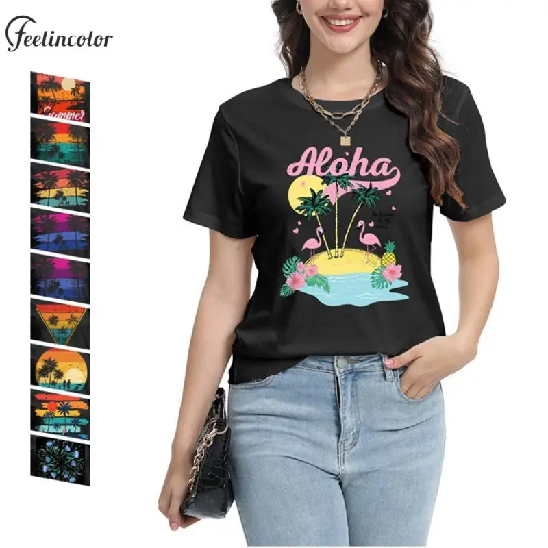 2025 Flamingo Women Printed T-Shirts Female Hawaiian Beach T-Shirt Short Sleeve Fashion Tops Tee Holiday Shirt Girl Clothing