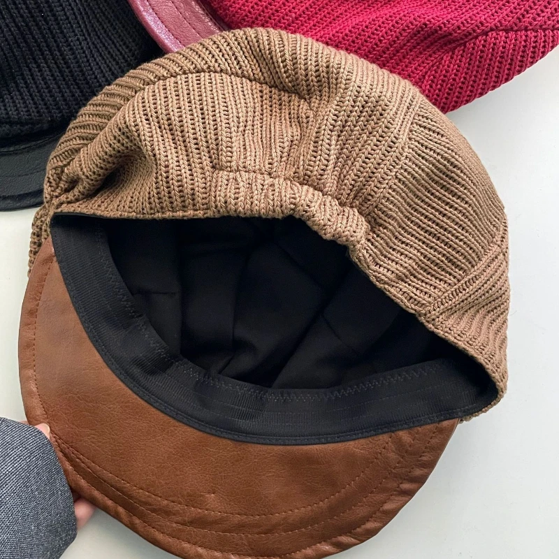 Autumn winter Japanese retro knitted leather brim beret women warm irregular pleats fashionable and versatile cloud newsboy hat