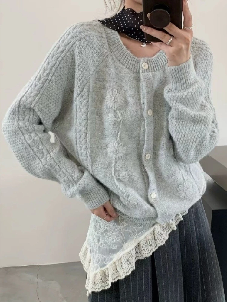 

Hikigawa Chic Fashion Women Korean Style Vintage Hook Flower O Neck Knitted Cardigan Casual All Match Sweater Coats MUjer