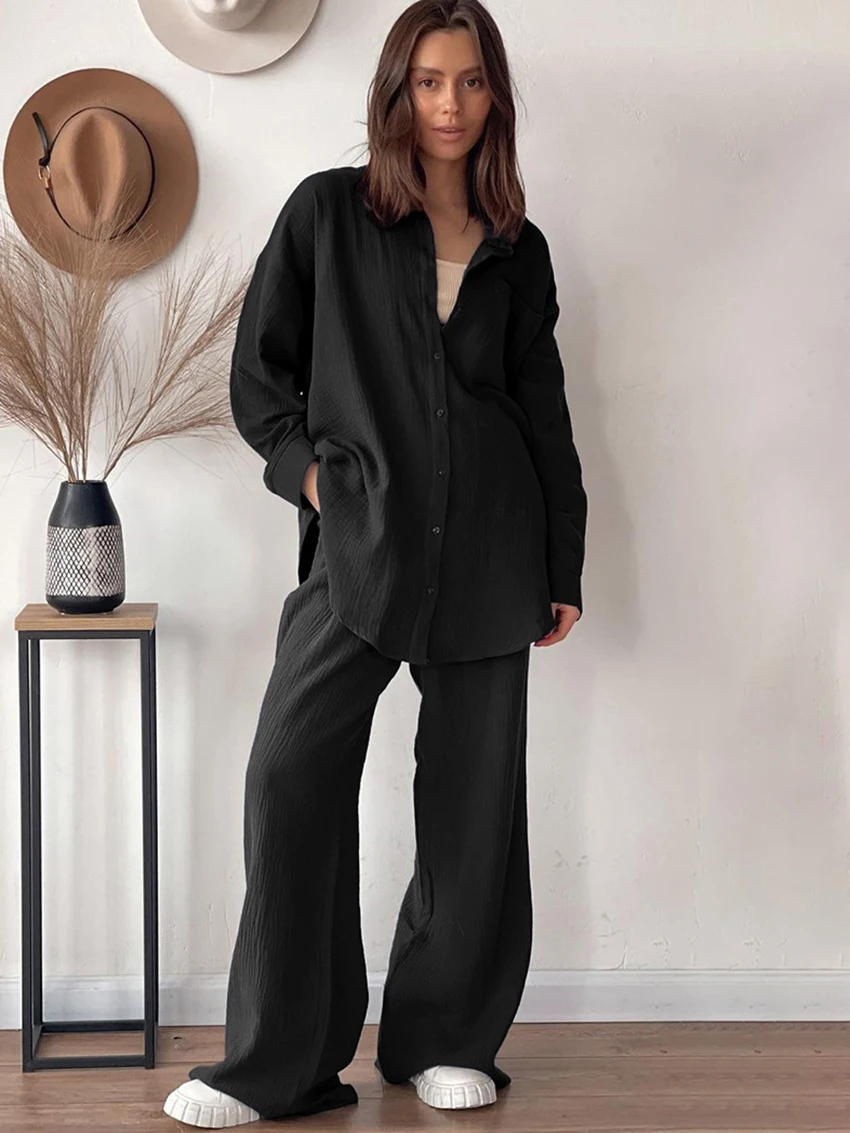 Marthaqiqi Cotton Femme Sleepwear Set Turn-Down Collar Nightwear Long Sleeve Nightgowns Wide Leg Pants Casual Women Pajamas Suit