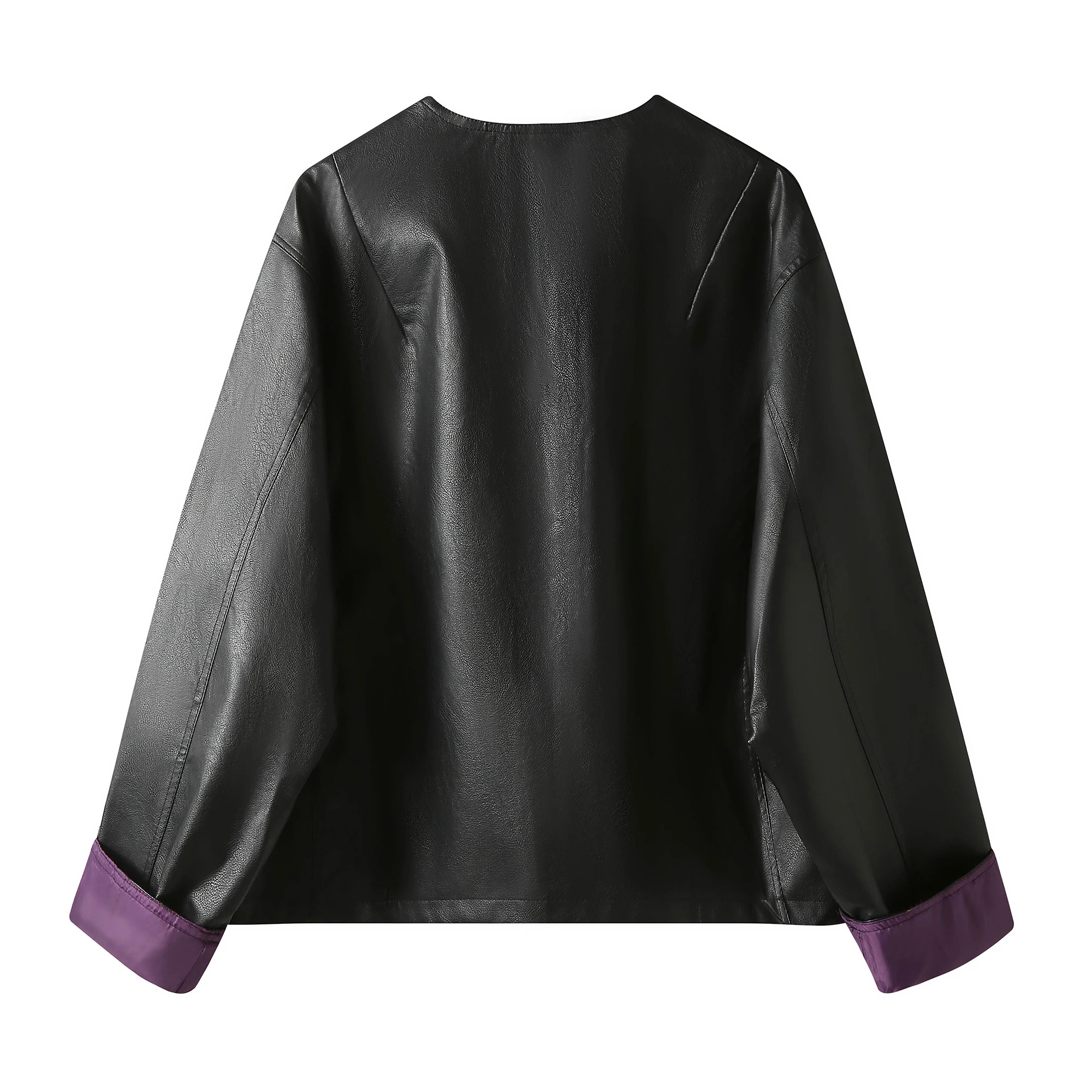 Damska kurtka retro ze skóry PU, okrągły dekolt, kolor blokowy, odzież wierzchnia, długi płaszcz jesieni, modny styl, Dr Qing a Po