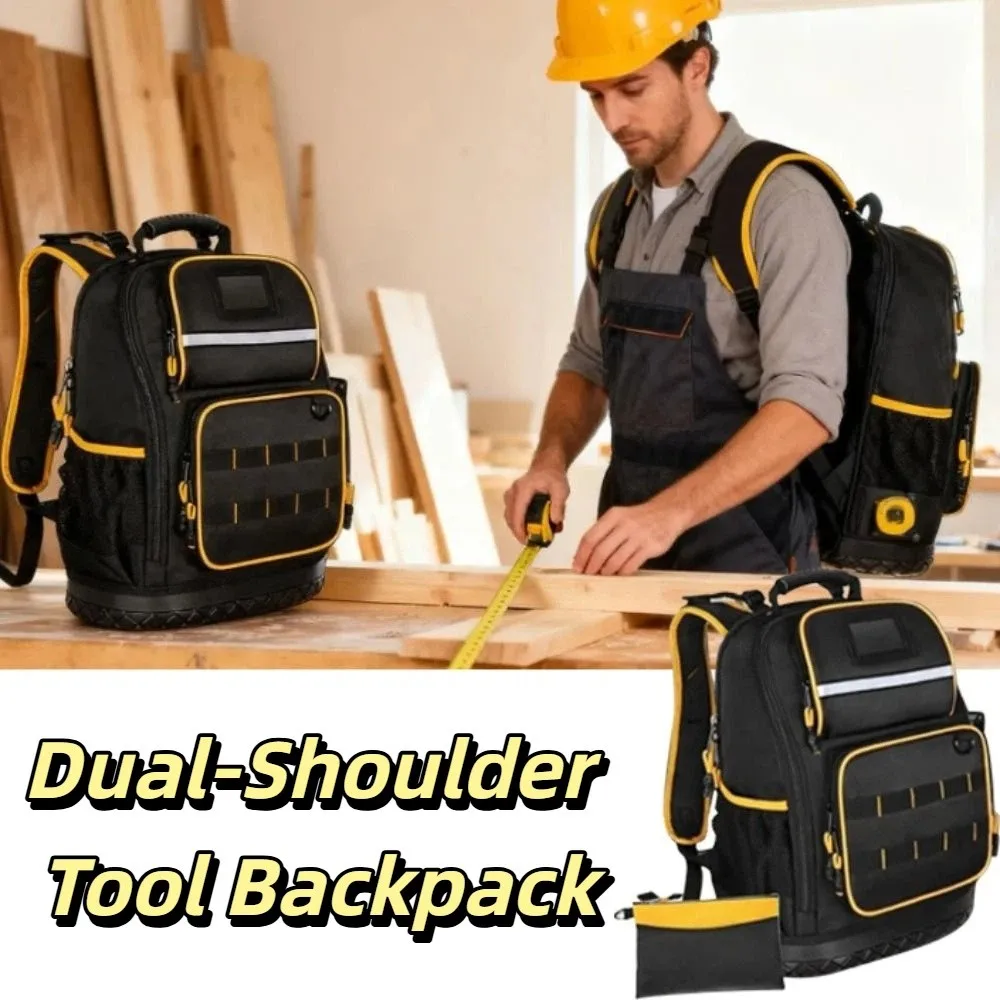 black-color-tool-backpack-multiple-pockets-thickened-material-toolkit-wear-resistant-hard-bottom-tool-bag-construction-workers