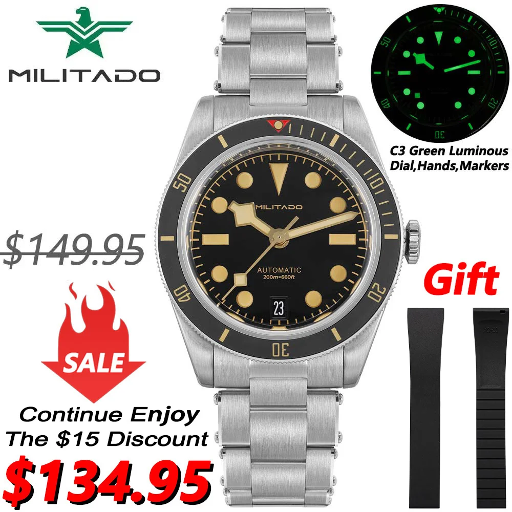 

Militado ML06 BB58 Watch NH35 Automatic Movement 38mm Sapphire Crystal Watches C3 Luminous 200m Waterproof Vintage Wristwatch