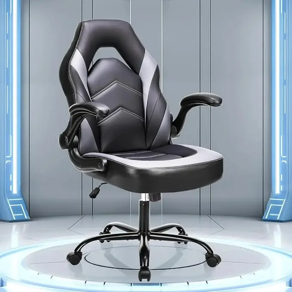 Office Desk Leather Gaming Computer Chair with Adjustable Swivel Task and Flip-up Arms, Black-Grey