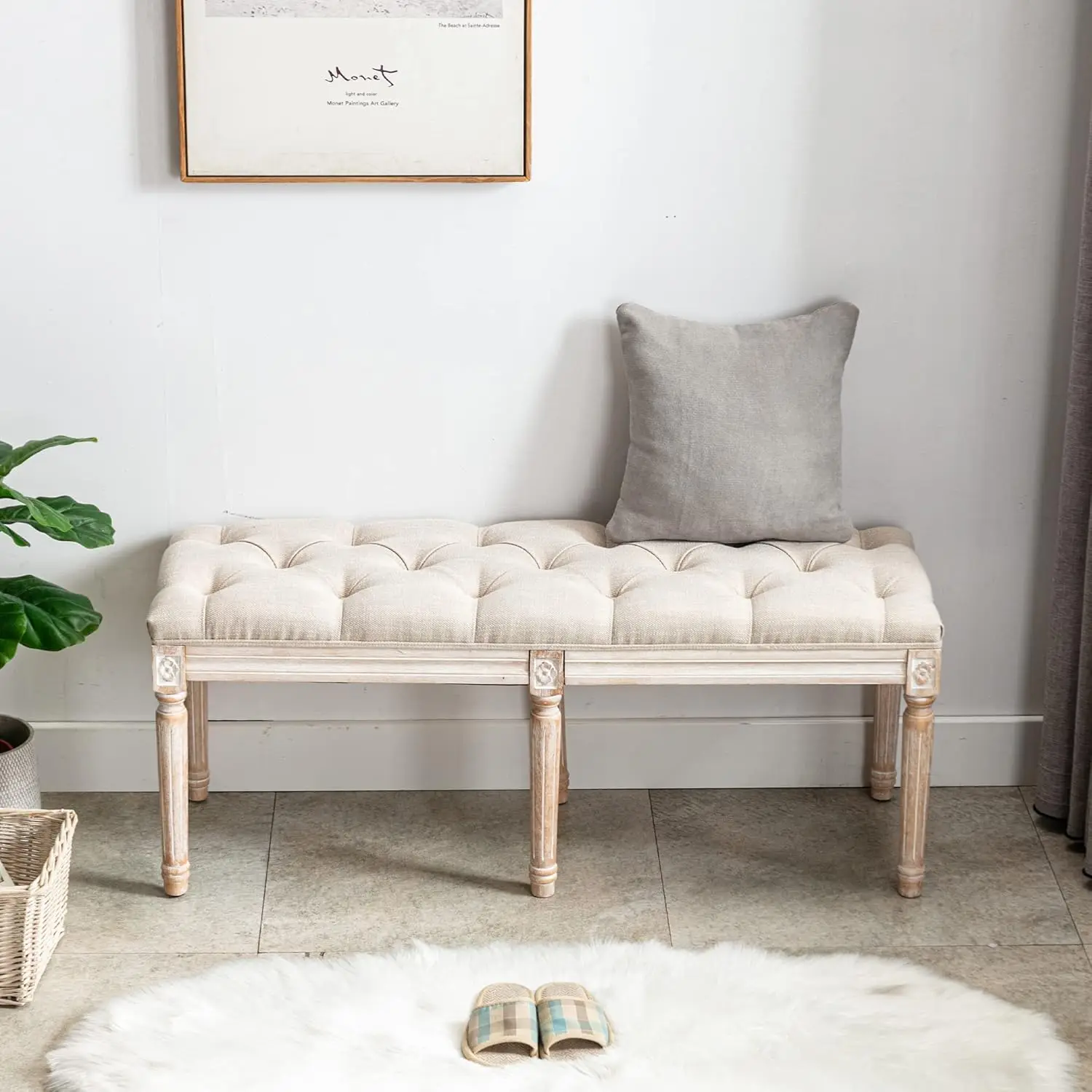 

Dining Bench French Vintage Fabric Upholstered Wood Dining Room Bench Rustic Entryway Bench Bedroom End Bed Bench, Beige