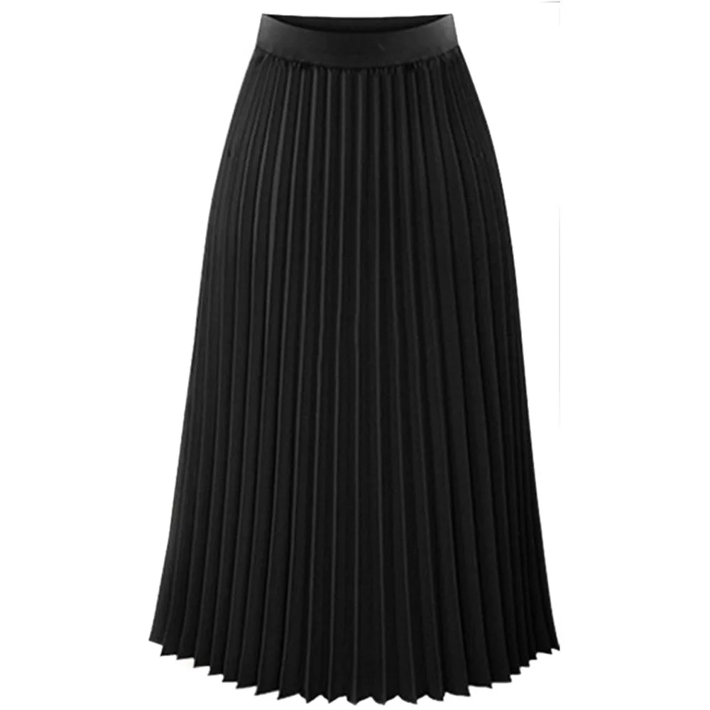 Pink Pleated Midi Skirt Women Solid Elegant Party Wear A-Line Midi Skirt Elastic Waist Summer Casual Versatile Skirt