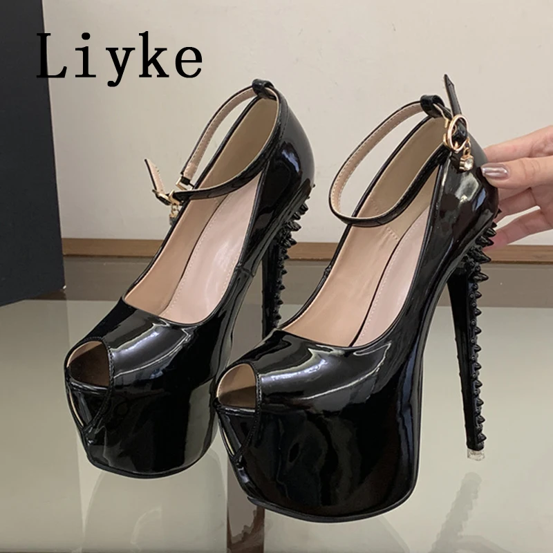 Liyke Fashion Design Rivet Stiletto Heeled Fetish Sandals Platform Pumps Women Walking Show Artifact Model Super High Heels Shoe