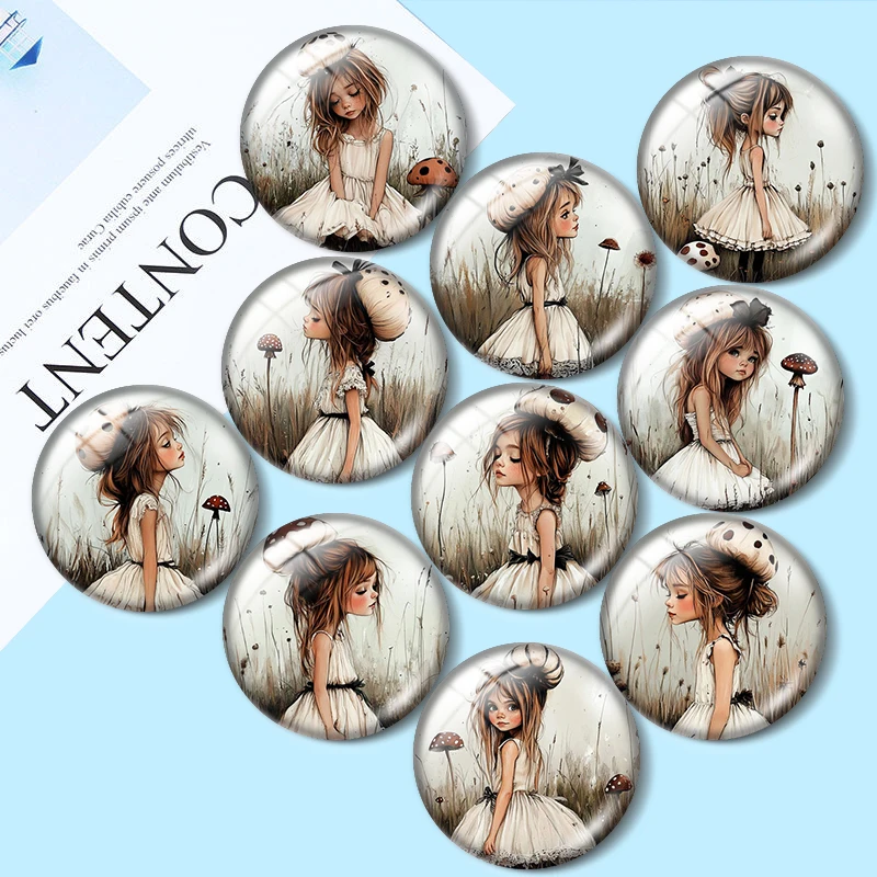 Mushroom girl 12mm/18mm/20mm/25mm glass cabochon  bracelet pendant rings for jewelry demo earrings back Making findings