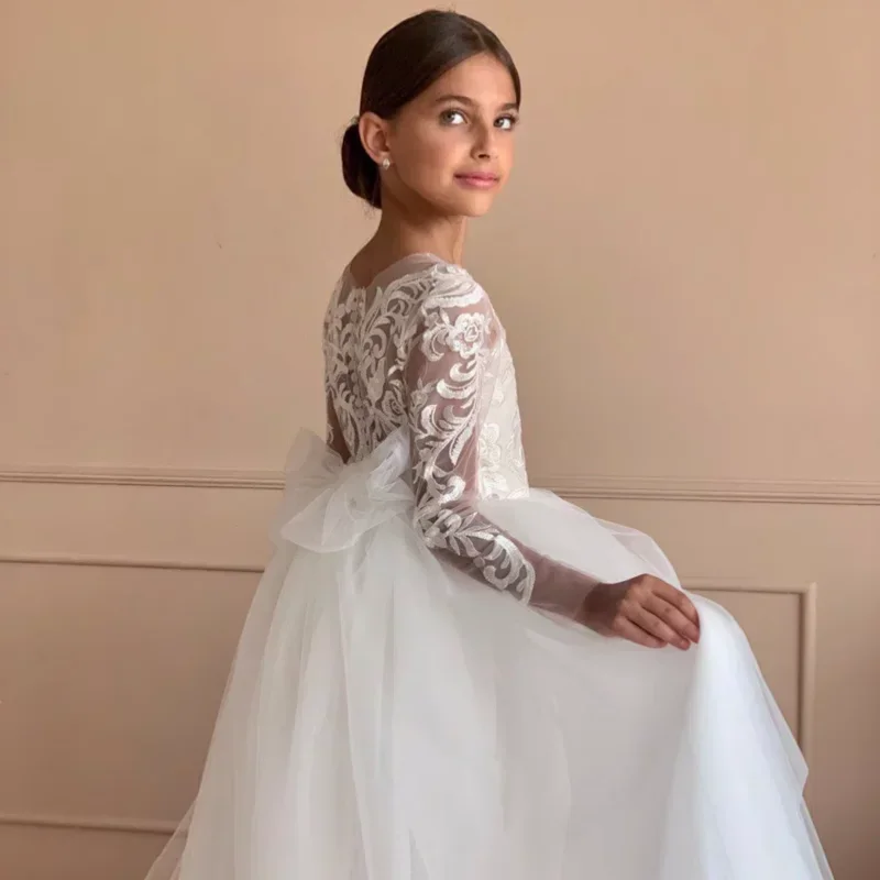 Tule flory apliques com arco manga longa para festa de aniversário de casamento banquete vestido de comunhão sagrada vestidos da menina de flor branco