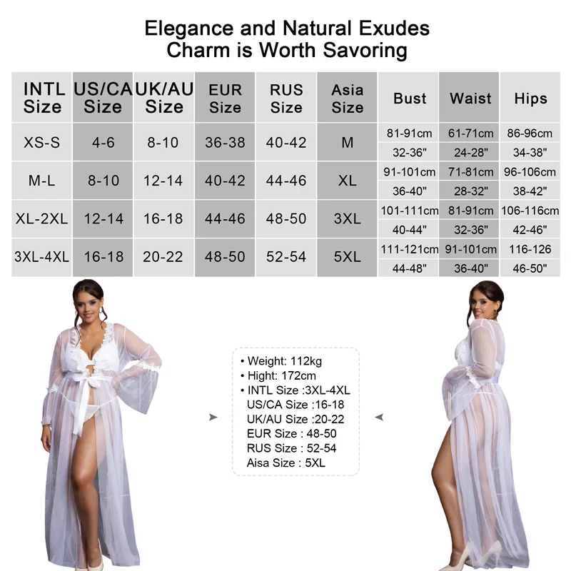 Bridal Mesh Robes Nightgown Dress Long Sleeve Sexy Lingerie Belt Panties Transparent Babydoll Plump Plus Size Pajamas Underwear