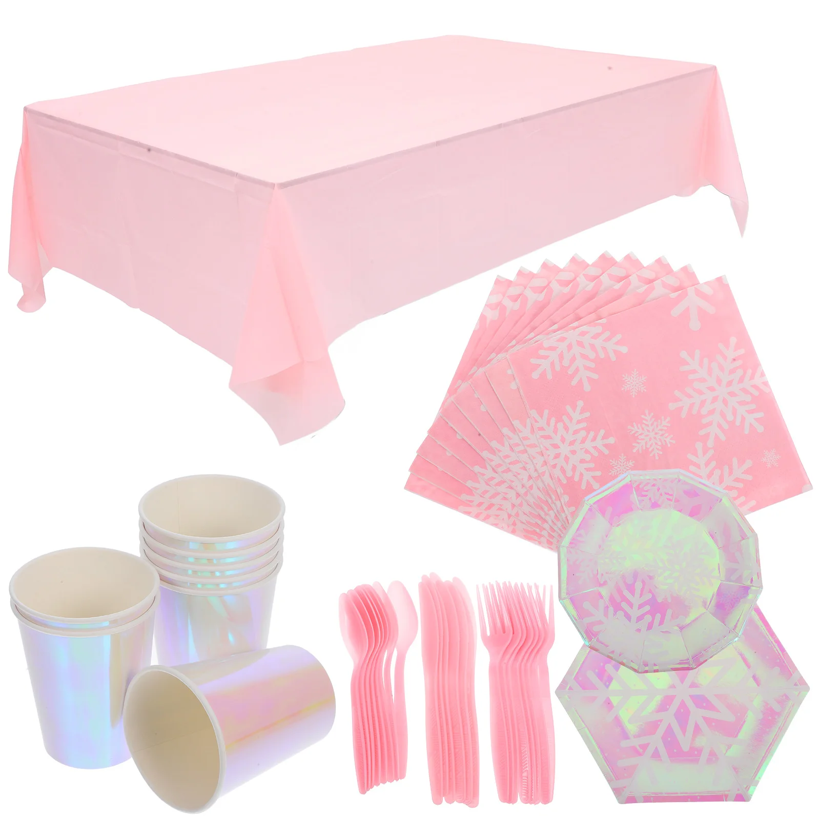 

Disposable Party Set Snowflake Paper Plates Cups Disposable Party Table Cloth Tablecloth Iridescent Napkins Winter Decorations