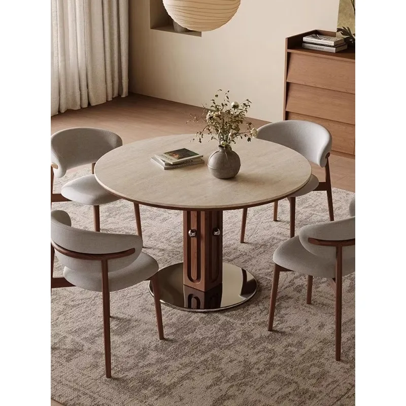 Mid-Century Modern Round Dining Table, Sintered Stone Top With Solid Wood Pedestal & Stainless Steel Base, Kitchen Table