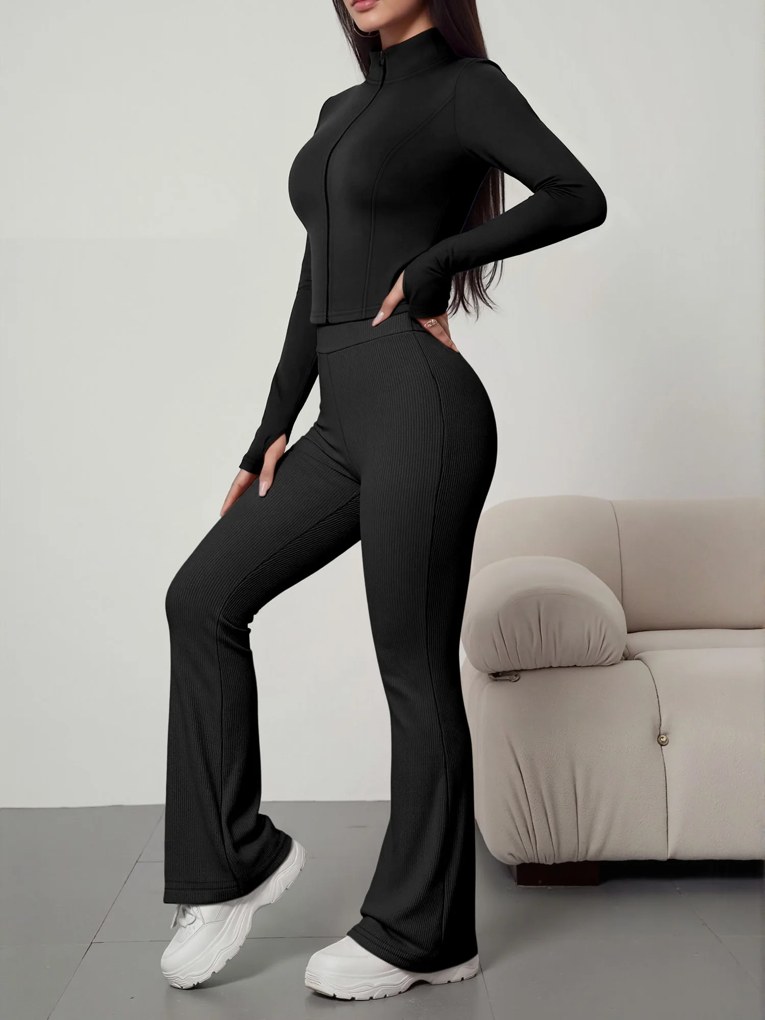 European American Women Ribbed Knit Two Piece Set, Long Sleeve Zip Top With High Waist Flare Pants, Casual Slim Daily Outfit